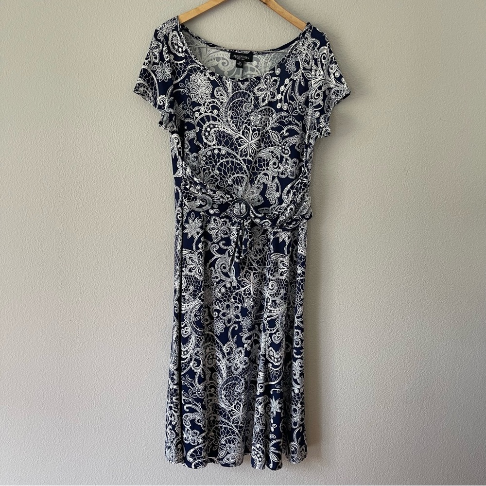 Perceptions New York Blue White Floral Midi Stretch Wrinkle Free Dress Size XL